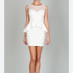 Bebe Sheer Neckline Peplum Sleeveless Mini Dress Ivory Cream